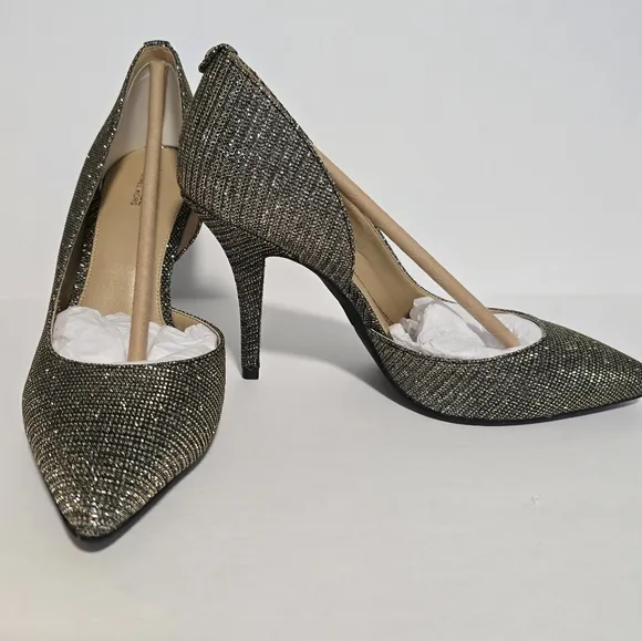 Brand New Michael Kors Nathalie Flex High Pump Black Gold Mesh, Women’s 7.5