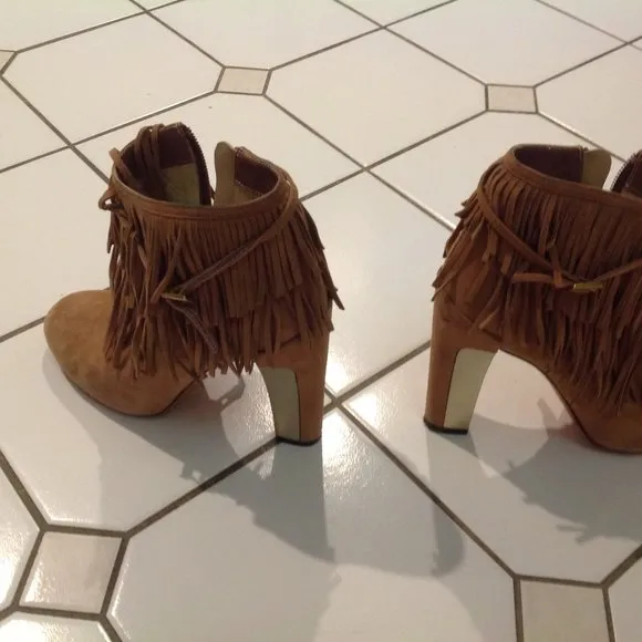 Brian Atwood suede salmon fringe booties boots 9