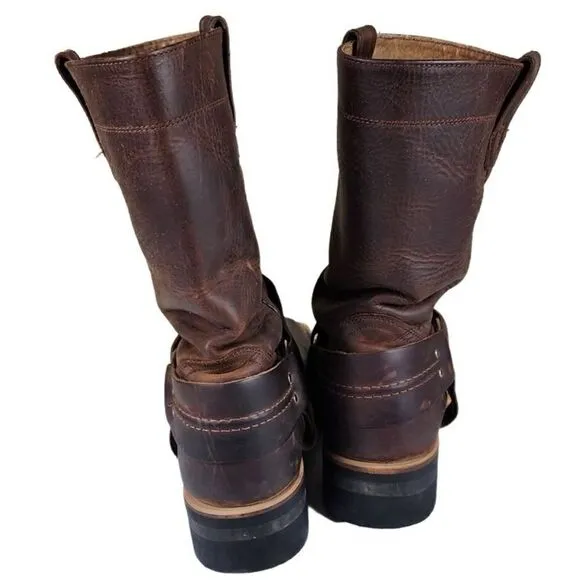 Brown Leather Square Toe Harness Cowboy Boots w Rubber Sole, Size 9.5