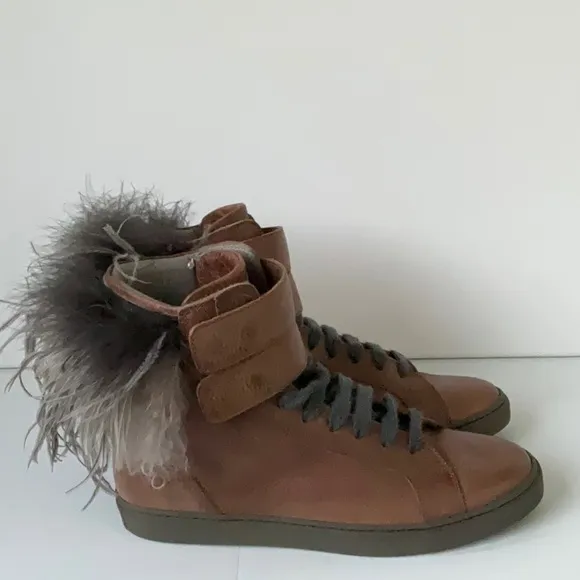 Brunello Cucinelli Womens Brown Feather Trim Leather Combat Boots  IT/EU38 US 8