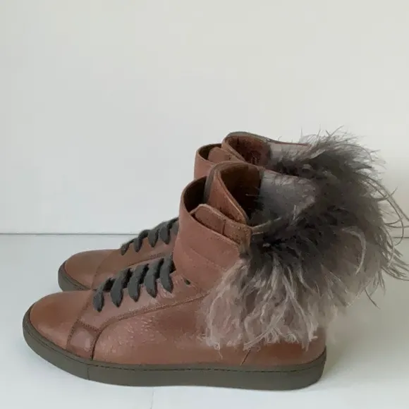 Brunello Cucinelli Womens Brown Feather Trim Leather Combat Boots  IT/EU38 US 8