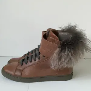 Brunello Cucinelli Womens Brown Feather Trim Leather Combat Boots  IT/EU38 US 8