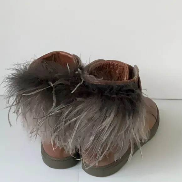 Brunello Cucinelli Womens Brown Feather Trim Leather Combat Boots  IT/EU38 US 8