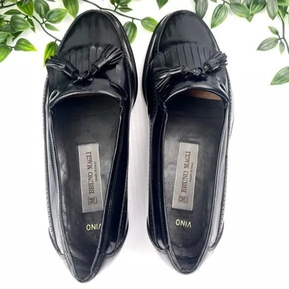 Bruno Magli Vernon Black Slip On Tassel Loafer Italian Wingtip Shoes 7 W