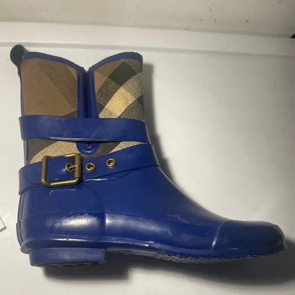 Burberry belge house check canvas and blue rubber rain boot sz 36