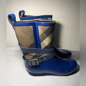 Burberry belge house check canvas and blue rubber rain boot sz 36