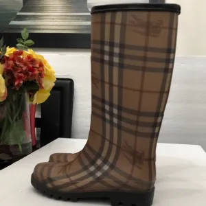 BURBERRY BROWN CHECK RUBBER RAIN BOOTS WOMENS SIZE 36