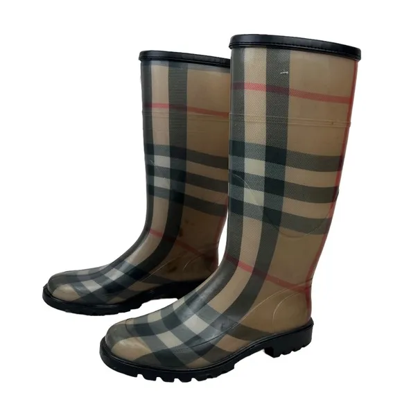 BURBERRY Rubber Rain Boots Plaid Check Pattern Women's Size 37 / 7
