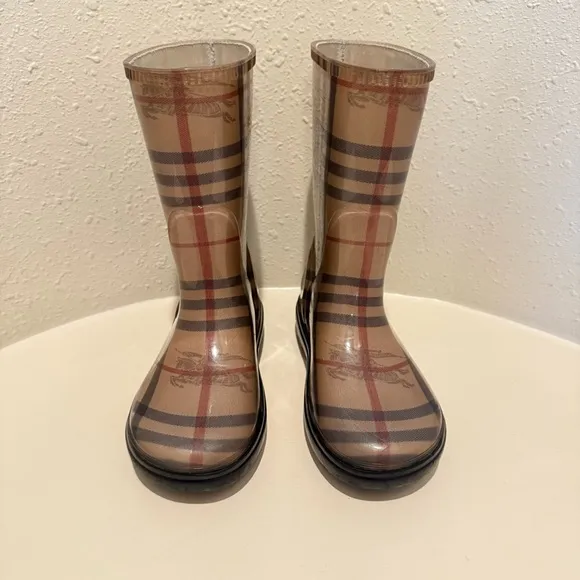 Burberry Short Kids Rubber Beige Multi Rain Boots Size 11-12