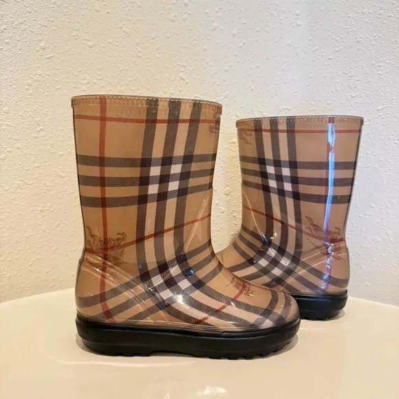 Burberry Short Kids Rubber Beige Multi Rain Boots Size 11-12