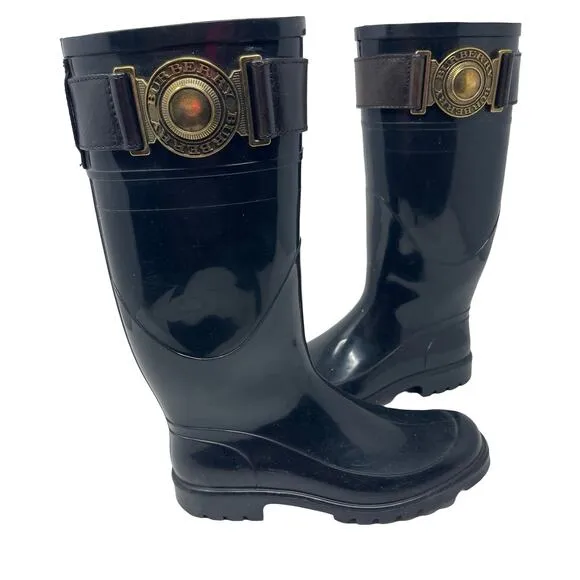 Burberry Wellington black tall rubber rain boots sz 35