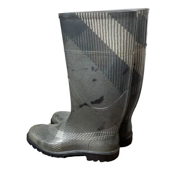 BURBERRY Wellington Monochrome Large Check Plaid Rubber Rain Boots 38 / US 8