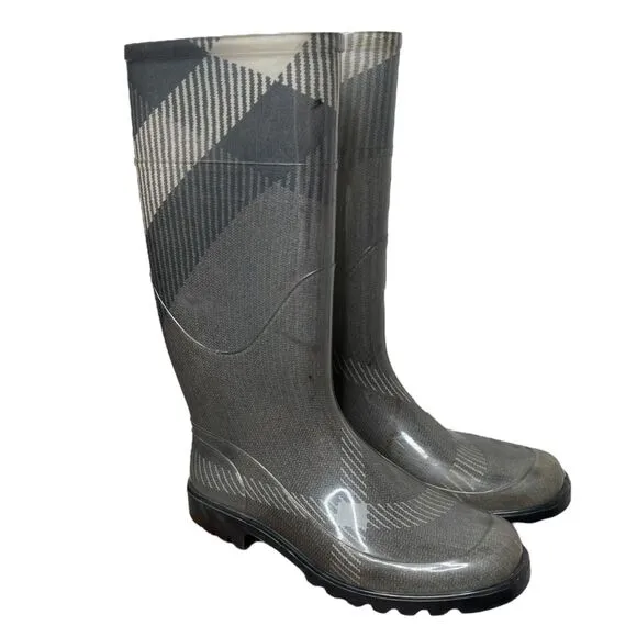BURBERRY Wellington Monochrome Large Check Plaid Rubber Rain Boots 38 / US 8