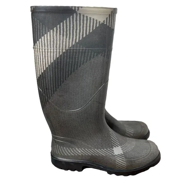 BURBERRY Wellington Monochrome Large Check Plaid Rubber Rain Boots 38 / US 8