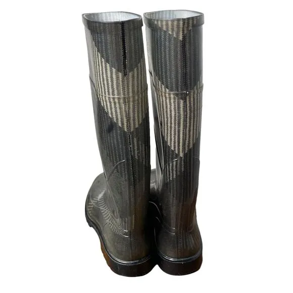 BURBERRY Wellington Monochrome Large Check Plaid Rubber Rain Boots 38 / US 8