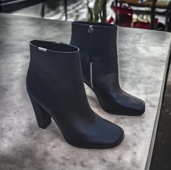 Calvin Klein Raylyn Black Leather Ankle Heeled Boots 11 Industrial Minimalist