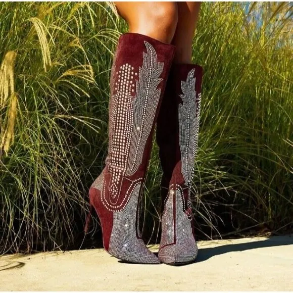 CAPE ROBBIN OLKLEY Suede Rhinestone Knee High Boots Women's Size 8
