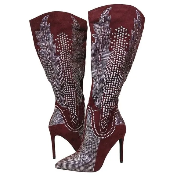 CAPE ROBBIN OLKLEY Suede Rhinestone Knee High Boots Women's Size 8