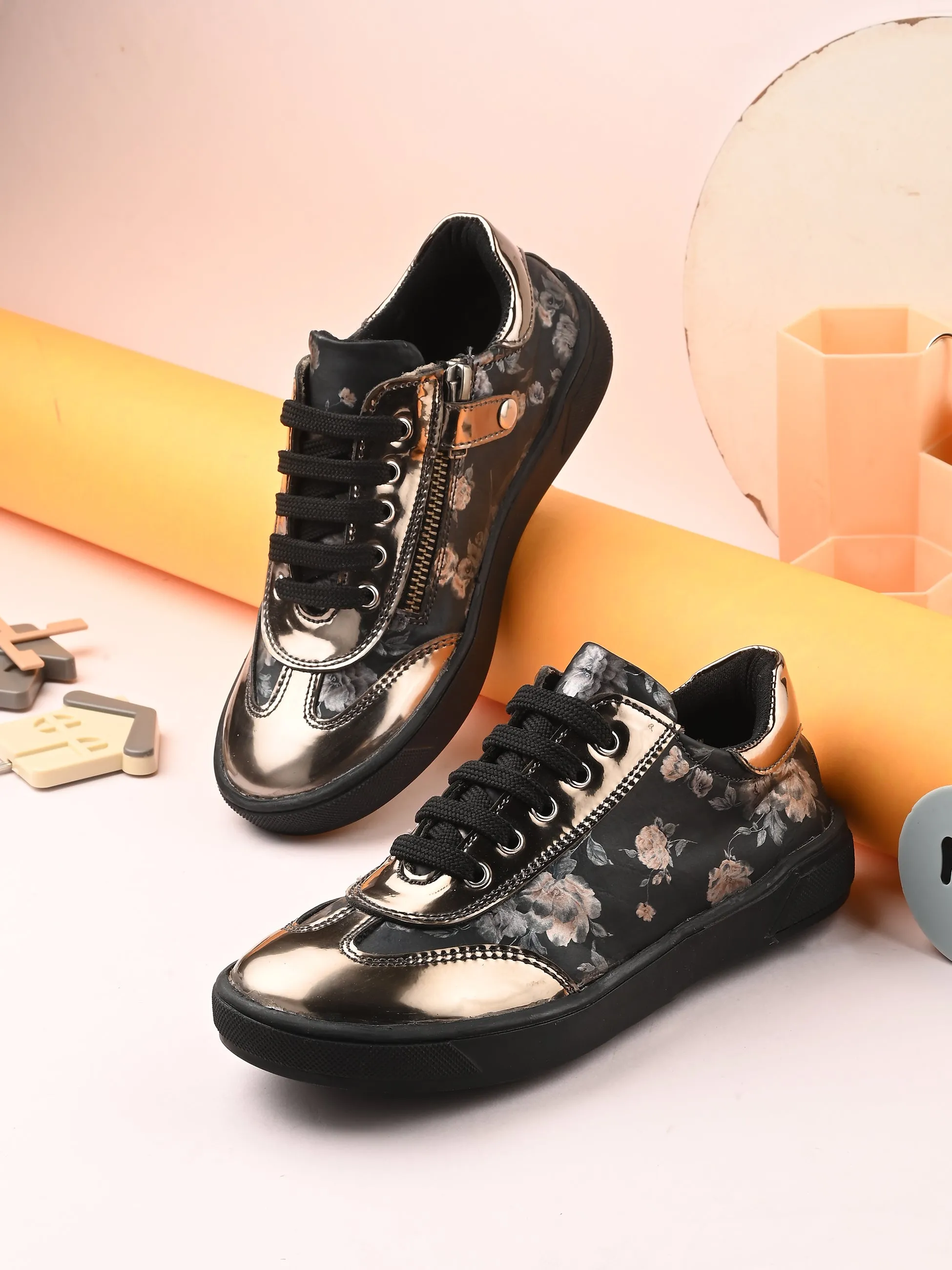 CARLO ROMANO BY WASAN VEGAN PATENT FLOWER PRINT SHOES FOR KIDS
