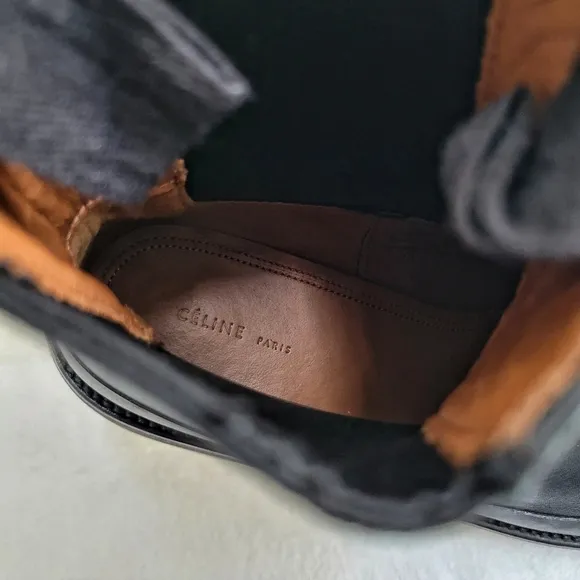 Celine Leather Ankle Chelsea Combat Boots‎ Black Rubber Trim