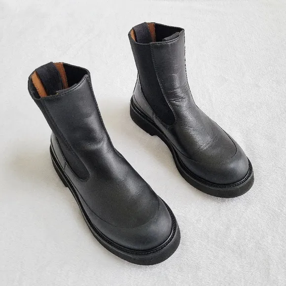 Celine Leather Ankle Chelsea Combat Boots‎ Black Rubber Trim