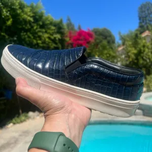 CELINE Navy crocodile embossed leather slip on tennis shoes like new SZ 9