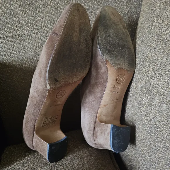 Chanel Brown Suede Block Heels With Logo At Toe Size 36.5