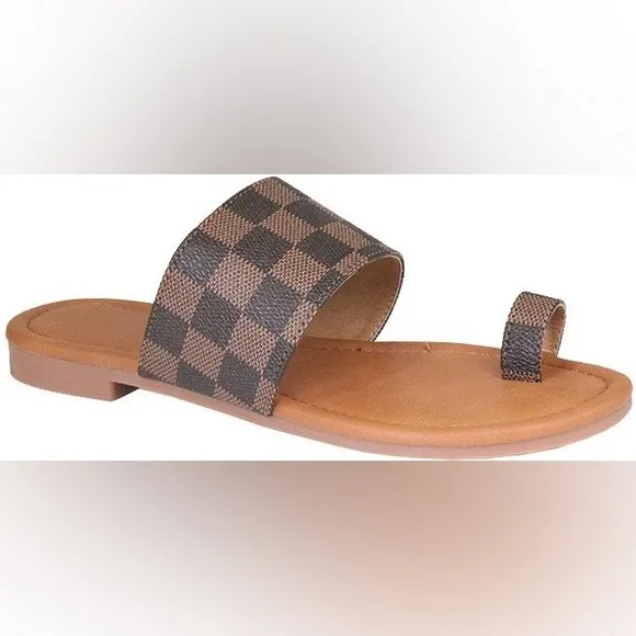 Checkered/Plaid Print Flat One-Toe Slide Sandals - Brown