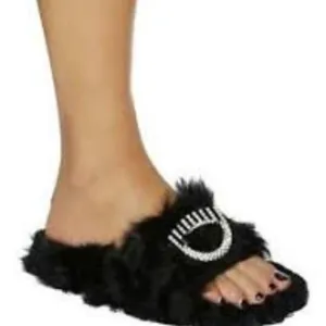 CHIARA FERRAGNI EMBELLISHED EYE LAMB FUR SANDALS