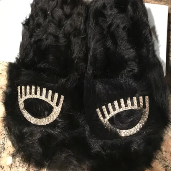 CHIARA FERRAGNI EMBELLISHED EYE LAMB FUR SANDALS