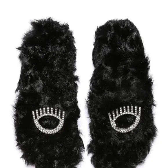 CHIARA FERRAGNI EMBELLISHED EYE LAMB FUR SANDALS