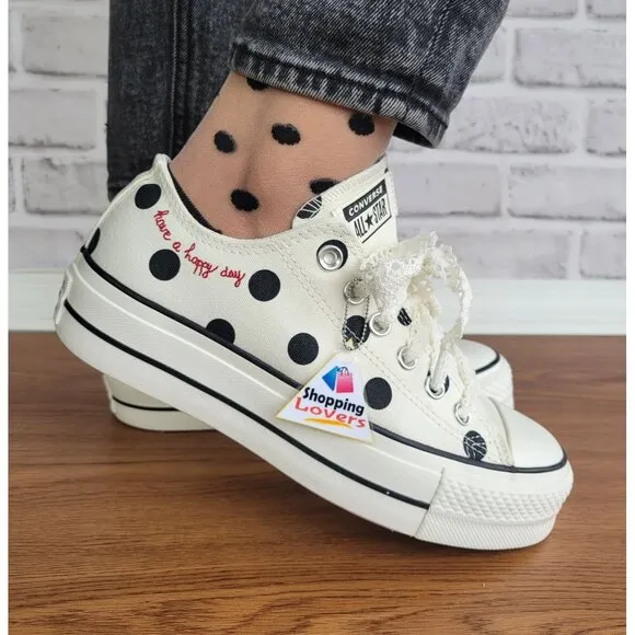 ❤️❤️Chuck Taylor All Star Lift Platform Polka Dots 11 Women Shoes White A10689C