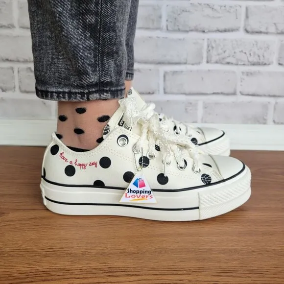 ❤️❤️Chuck Taylor All Star Lift Platform Polka Dots 11 Women Shoes White A10689C
