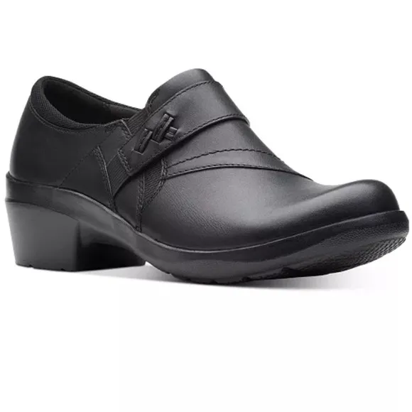 CLARKS ANGIE PEARL BLACK LEATHER COMFORT SLIP ON SHOES SIZE 7.5. NEW IN BOX