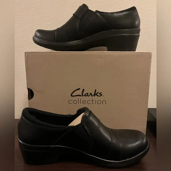 CLARKS ANGIE PEARL BLACK LEATHER COMFORT SLIP ON SHOES SIZE 7.5. NEW IN BOX
