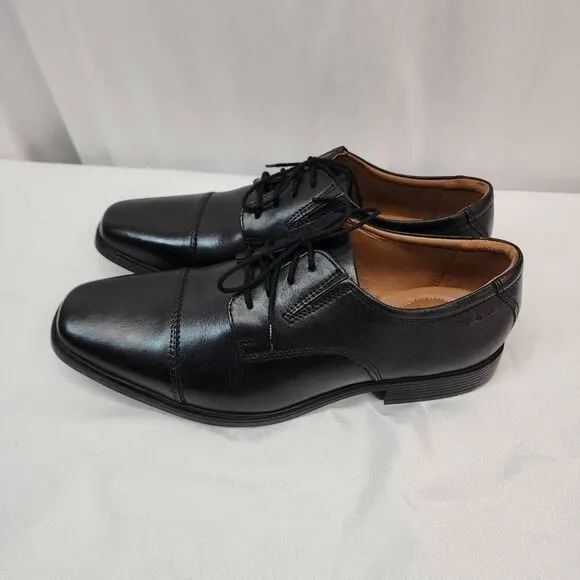 Clarks® Tilden Mens Size 10.5 W Leather Cap-Toe Dress Shoes Black