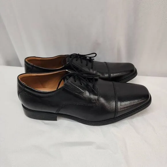 Clarks® Tilden Mens Size 10.5 W Leather Cap-Toe Dress Shoes Black