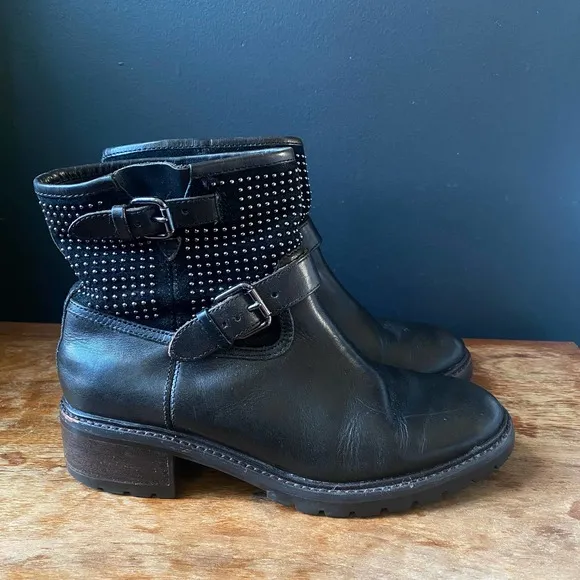 Coach Gates Studded Black Leather Moto Boots Sz 7B