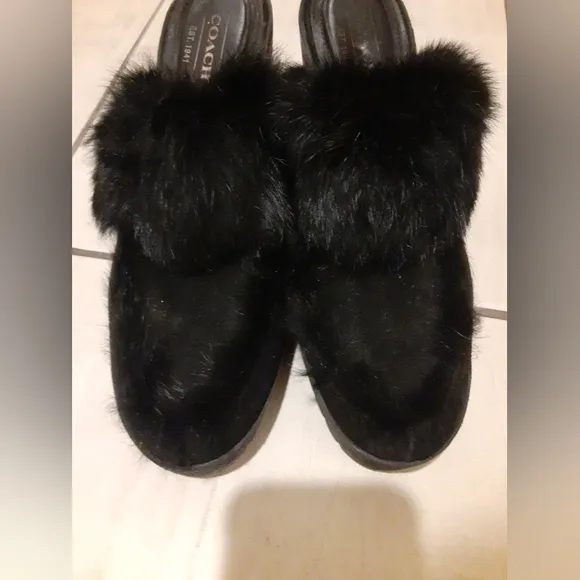 Coach Kaela Women's Leather Clog Shoes Black Siede Fur Size 7.5B Made In Italy