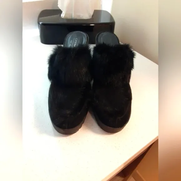 Coach Kaela Women's Leather Clog Shoes Black Siede Fur Size 7.5B Made In Italy