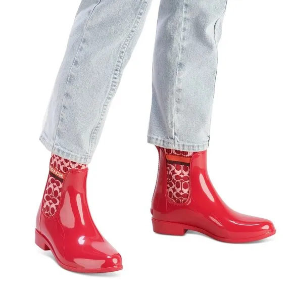 Coach Rivington Red Candy Apple Rain Booties Ankle Short Boots Shoes New