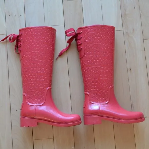 COACH Rubber Rain Boots Classic C Pink Size 5