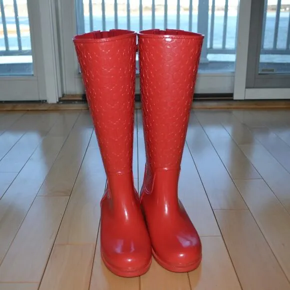 COACH Rubber Rain Boots Classic C Pink Size 5
