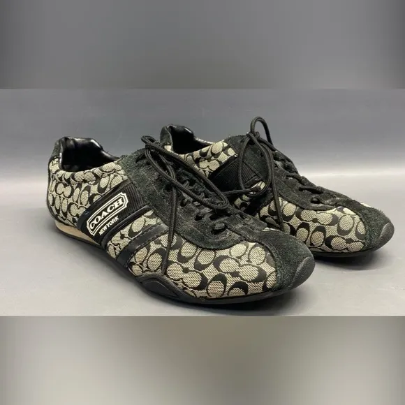 Coach Shoes Womens Sz 8Black Lace Up Canvas Suede Logo Trainers Designer Shoe