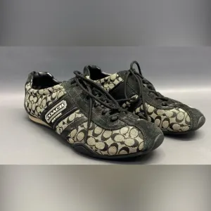 Coach Shoes Womens Sz 8Black Lace Up Canvas Suede Logo Trainers Designer Shoe