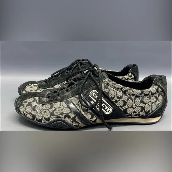 Coach Shoes Womens Sz 8Black Lace Up Canvas Suede Logo Trainers Designer Shoe