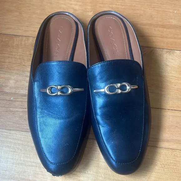 COACH Sienna Leather Slide Loafer Shoes Mule Black Gold Women's sz 7