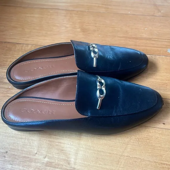 COACH Sienna Leather Slide Loafer Shoes Mule Black Gold Women's sz 7