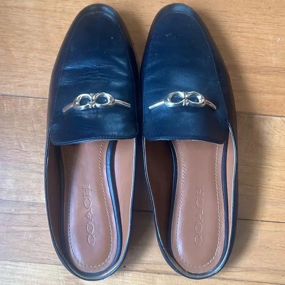 COACH Sienna Leather Slide Loafer Shoes Mule Black Gold Women's sz 7