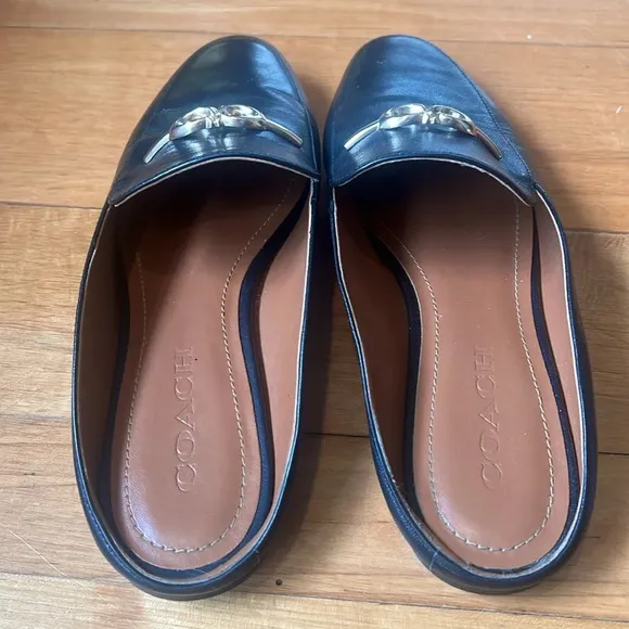 COACH Sienna Leather Slide Loafer Shoes Mule Black Gold Women's sz 7